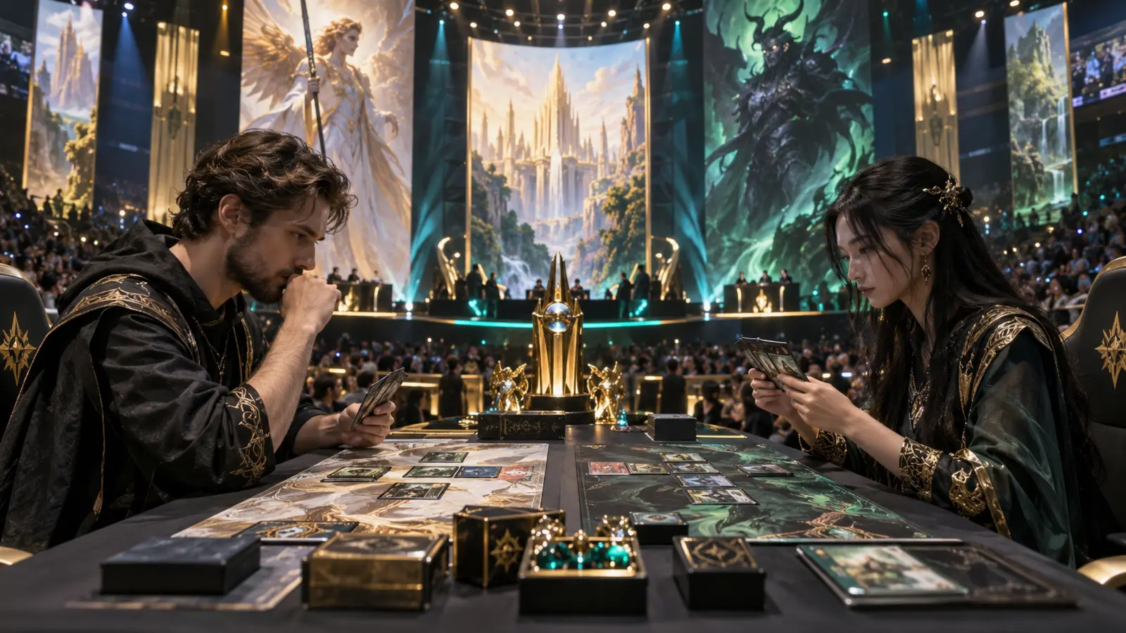 Two players competing with collectible cards