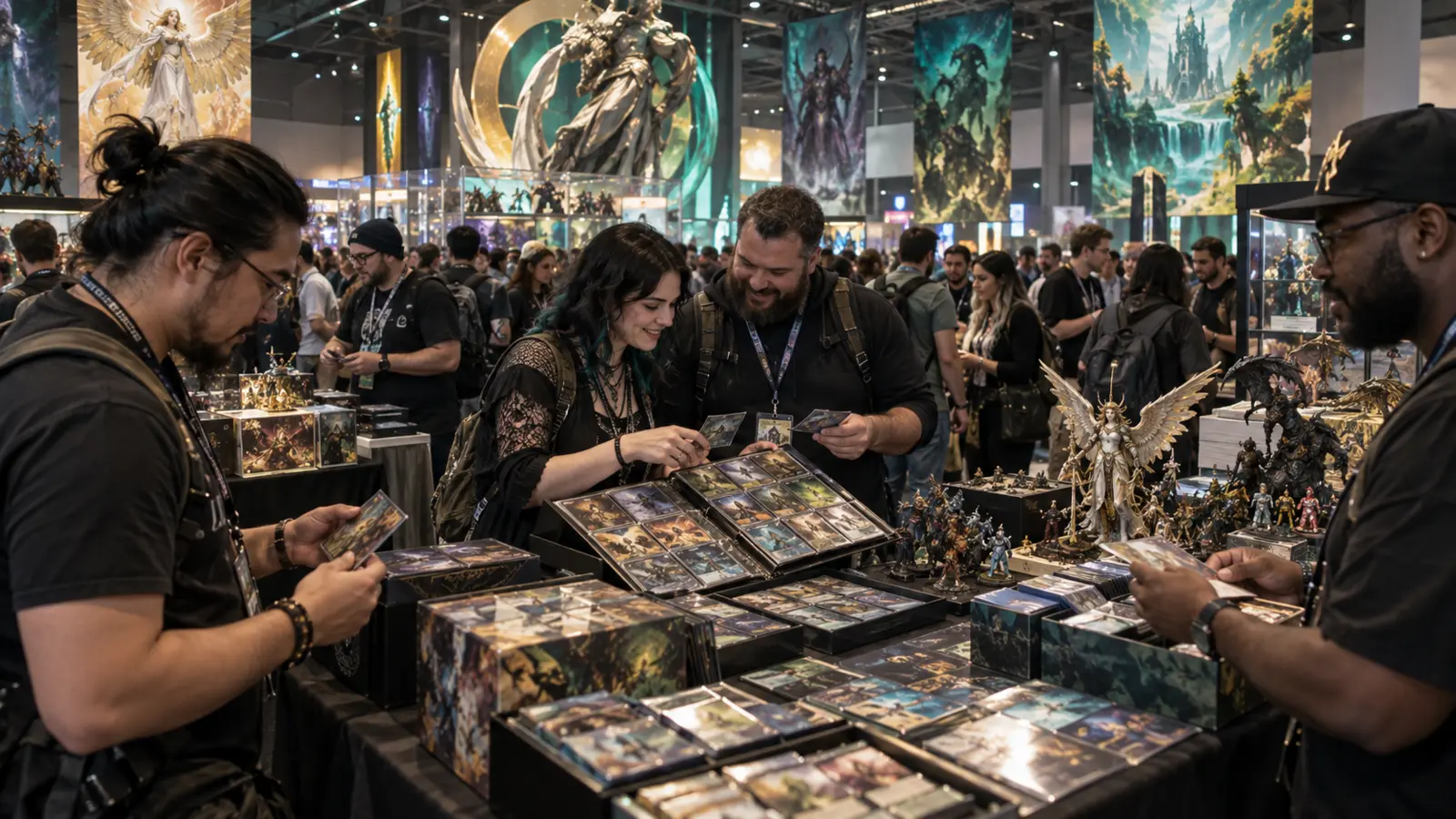 Collectors browsing cards and miniatures