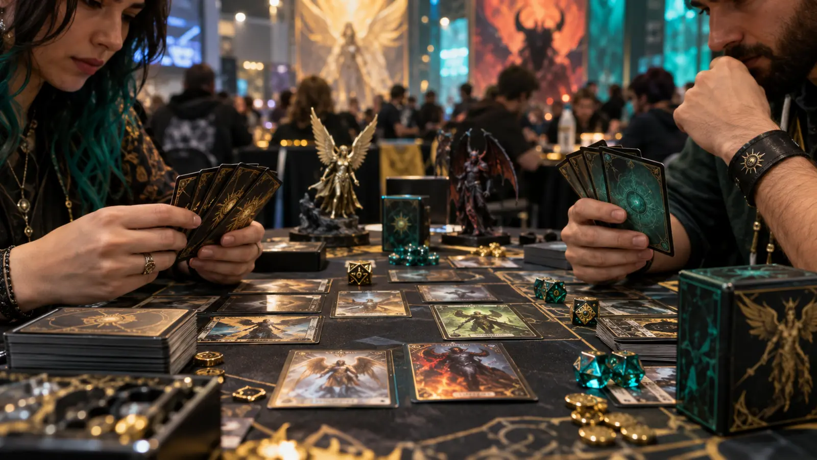 Close view of a competitive fantasy card match