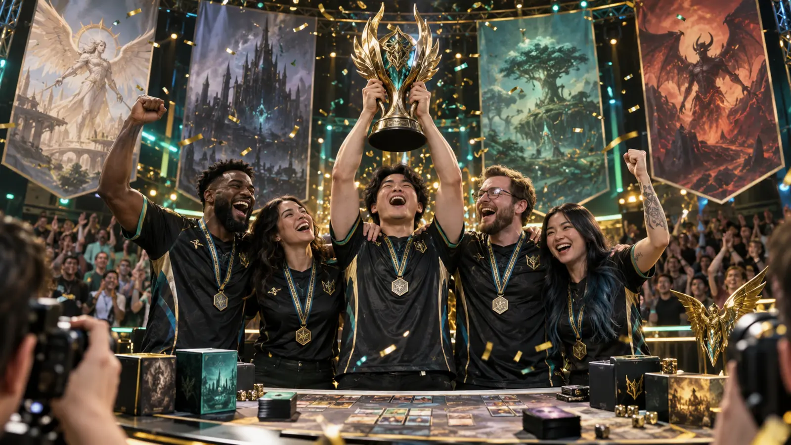 A tournament team celebrating with a trophy