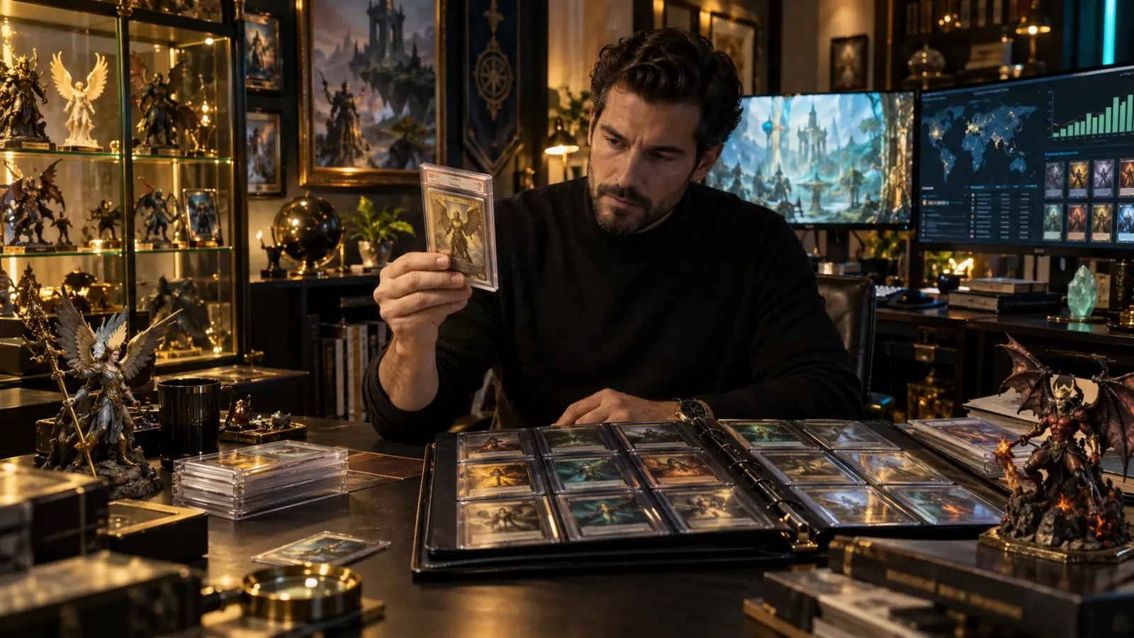 Collector examining a premium collectible card