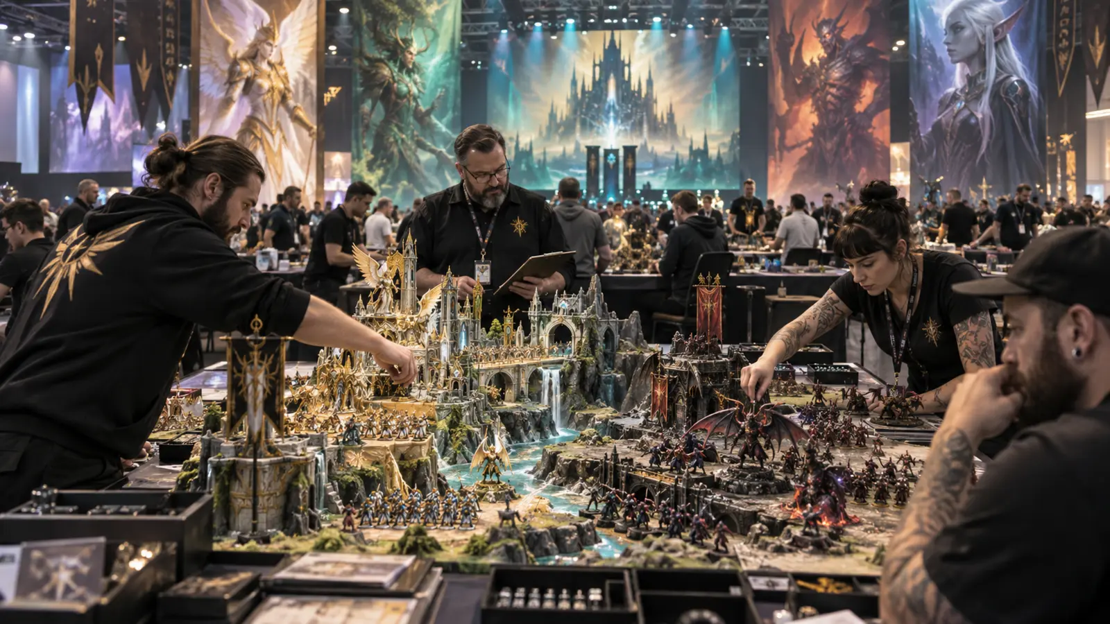 Large fantasy miniature battle at a convention