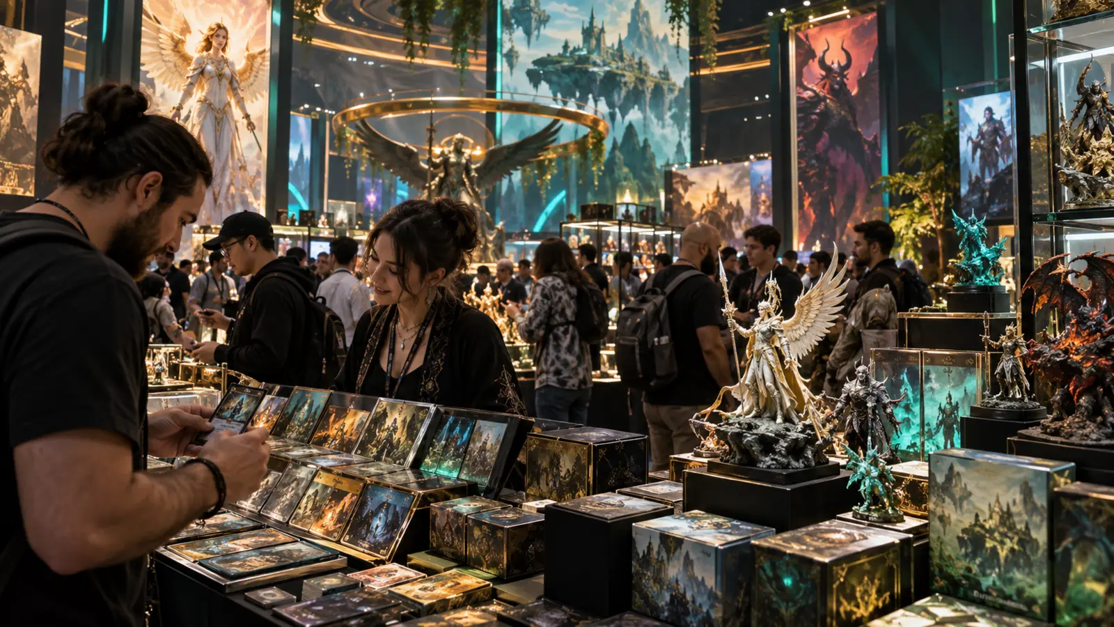 Busy convention with fantasy cards and miniatures