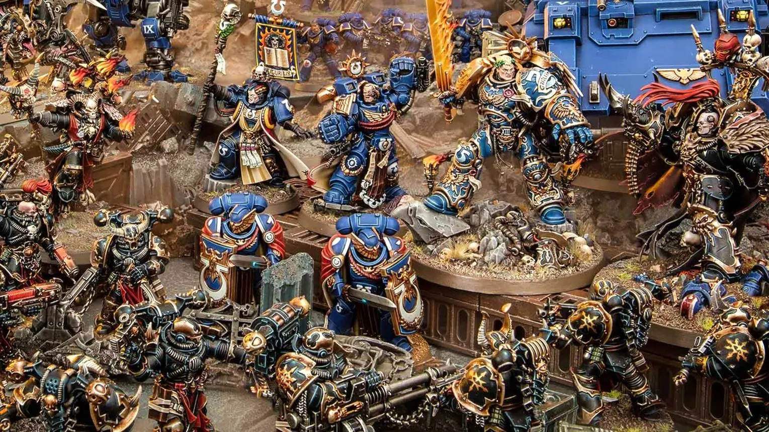 Detailed painted fantasy miniatures on a battlefield