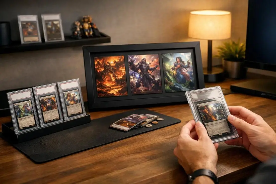 Physical cards displayed beside a digital collection